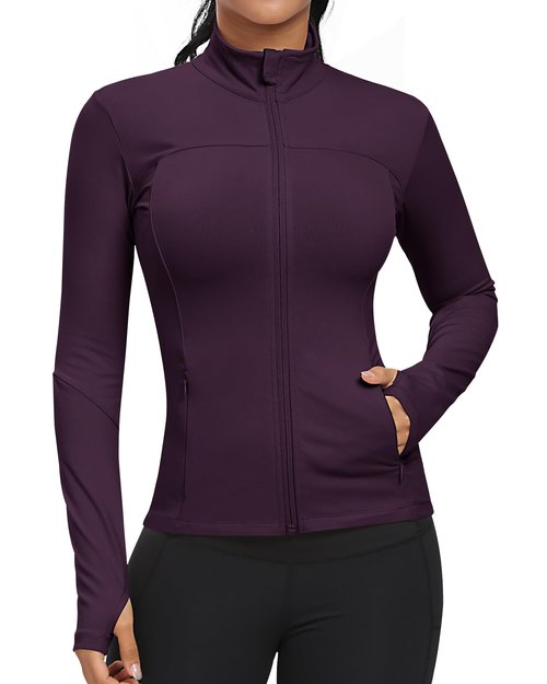 GYM RAINBOW Workout Jackets for Women, Full Zip Slim Fit Lightweight Athletic Running Sports Track Jacket with Pockets(Dark Magenta,Large)