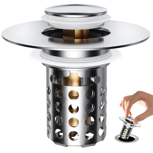 OAOrz Upgraded Bathroom Sink Stopper, Sink Drain Strainer for 1.1-1.45 Inch, Brass Bullet Core, All Metal Cover, Pop Up Stainless Steel Drain Filter with Basket Hair Catcher, Round Design
