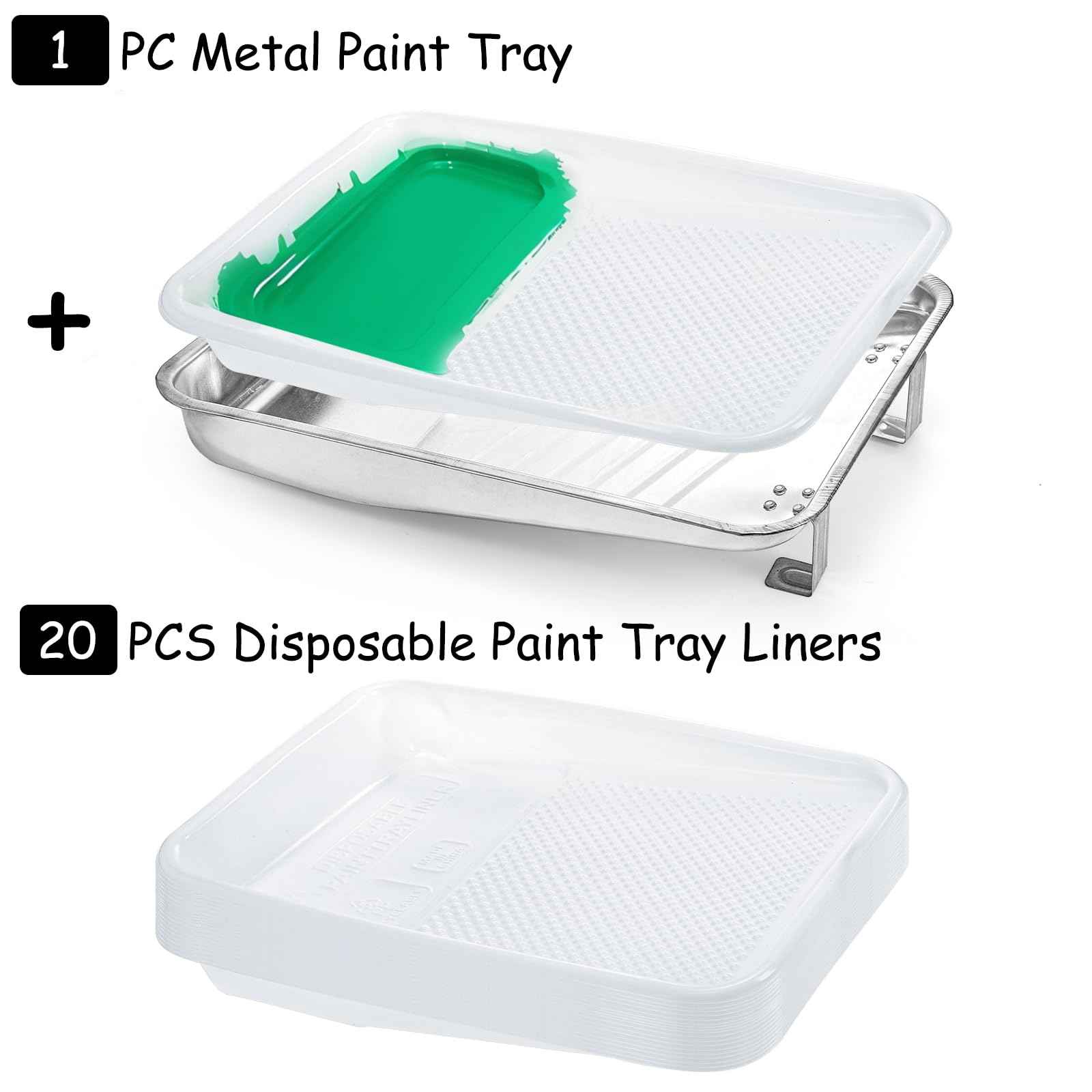 Jucoan 9 Inch Paint Tray and Liners Set, 20 Pcs Plastic Paint Tray Liners and 1 Pc Metal Paint Roller Tray, Easy to Clean Paint Pan with Disposable Paint Pan Liners for for DIY Home Wall Painting