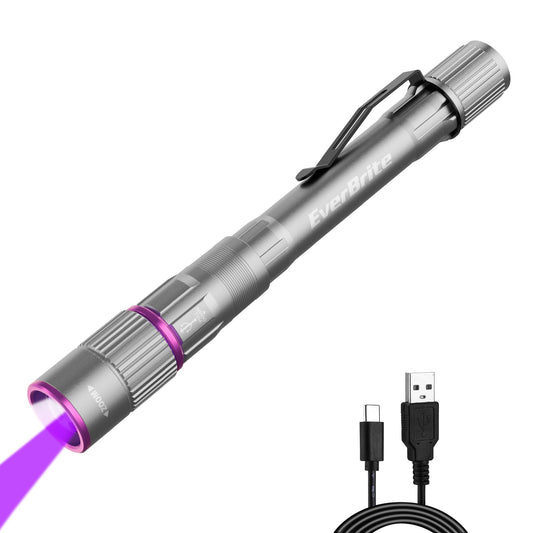 EverBrite Rechargeable Pen Flashlight with UV Light and White Light, 395nm Black Flashlight with Clip, Zoomable 4 Modes with Memory, USB C Cable, for Camping, Emergency, Pet Urine Detection,Grey