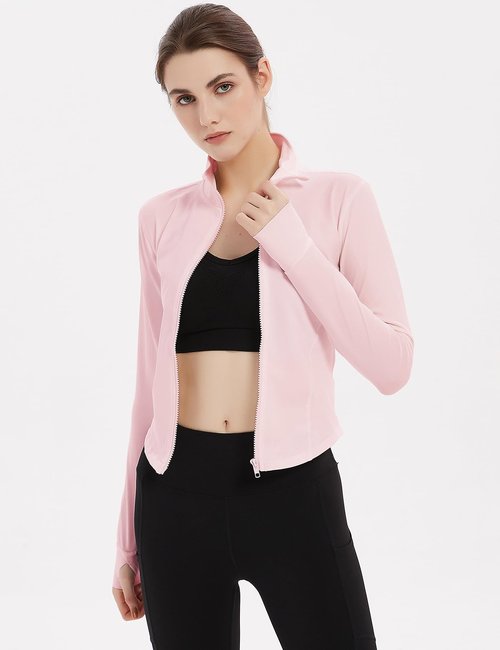 Gihuo Women's Athletic Full Zip Lightweight Workout Jacket with Thumb Holes (US, Alpha, Medium, Regular, Regular, Pink)
