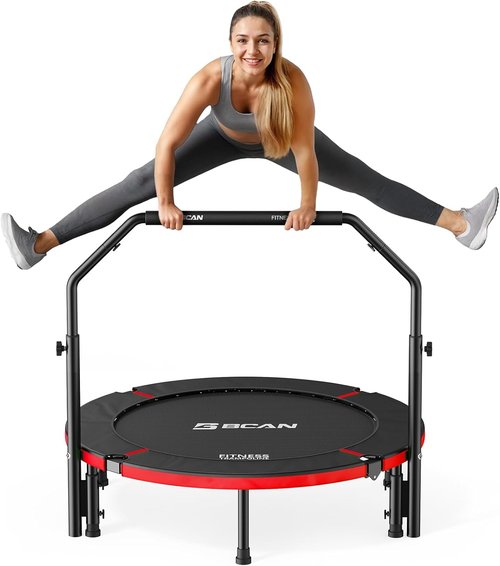 BCAN SP2 Foldable Mini Trampoline - Max Load 330lbs/440lbs | Adjustable Foam Handle for Indoor & Garden Workouts
