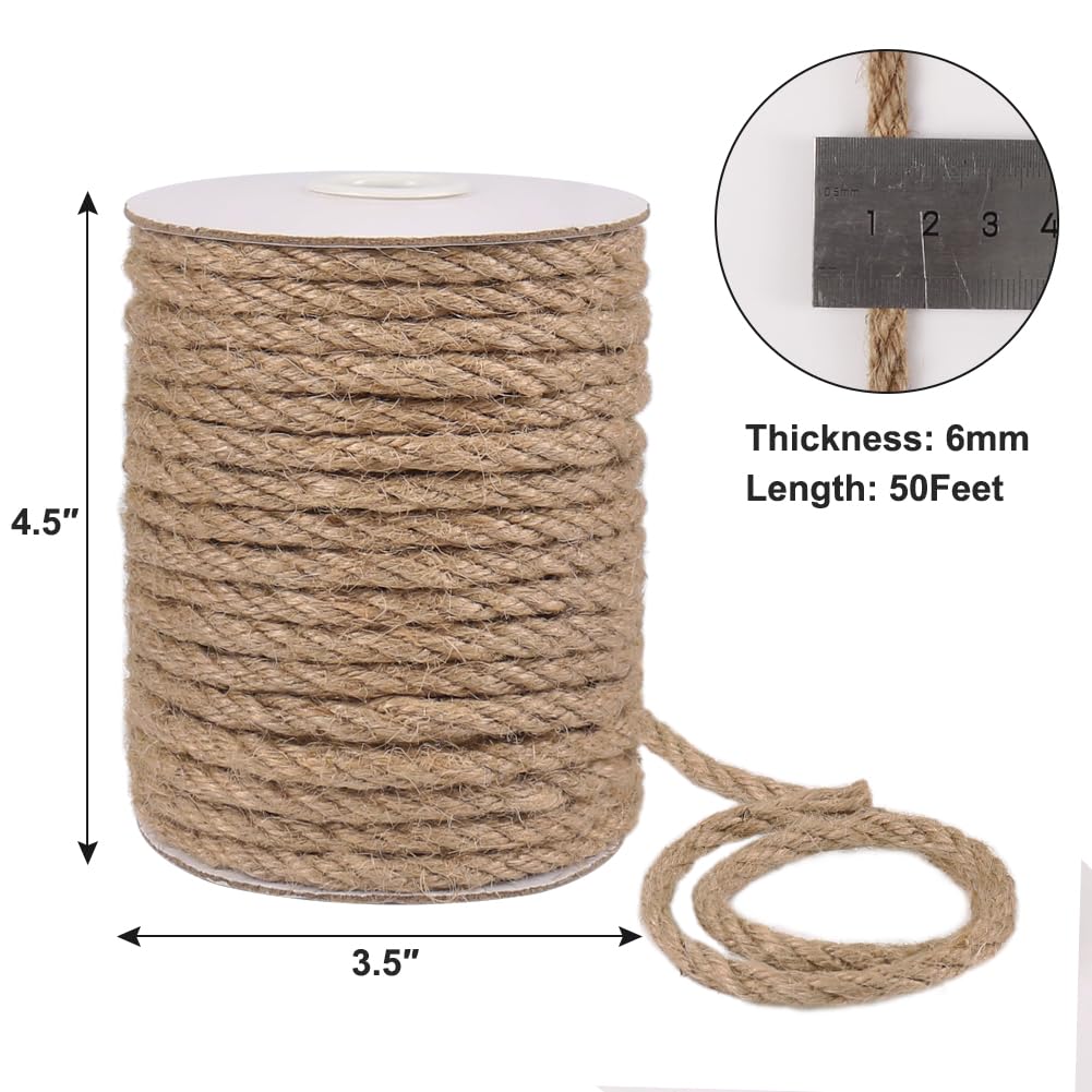 Vivifying 6mm Jute Rope, 50 Feet Strong Natural Jute Twine for Crafts, Cat Scratching Post, Garden Plants, Bundling and Hanging (Brown)