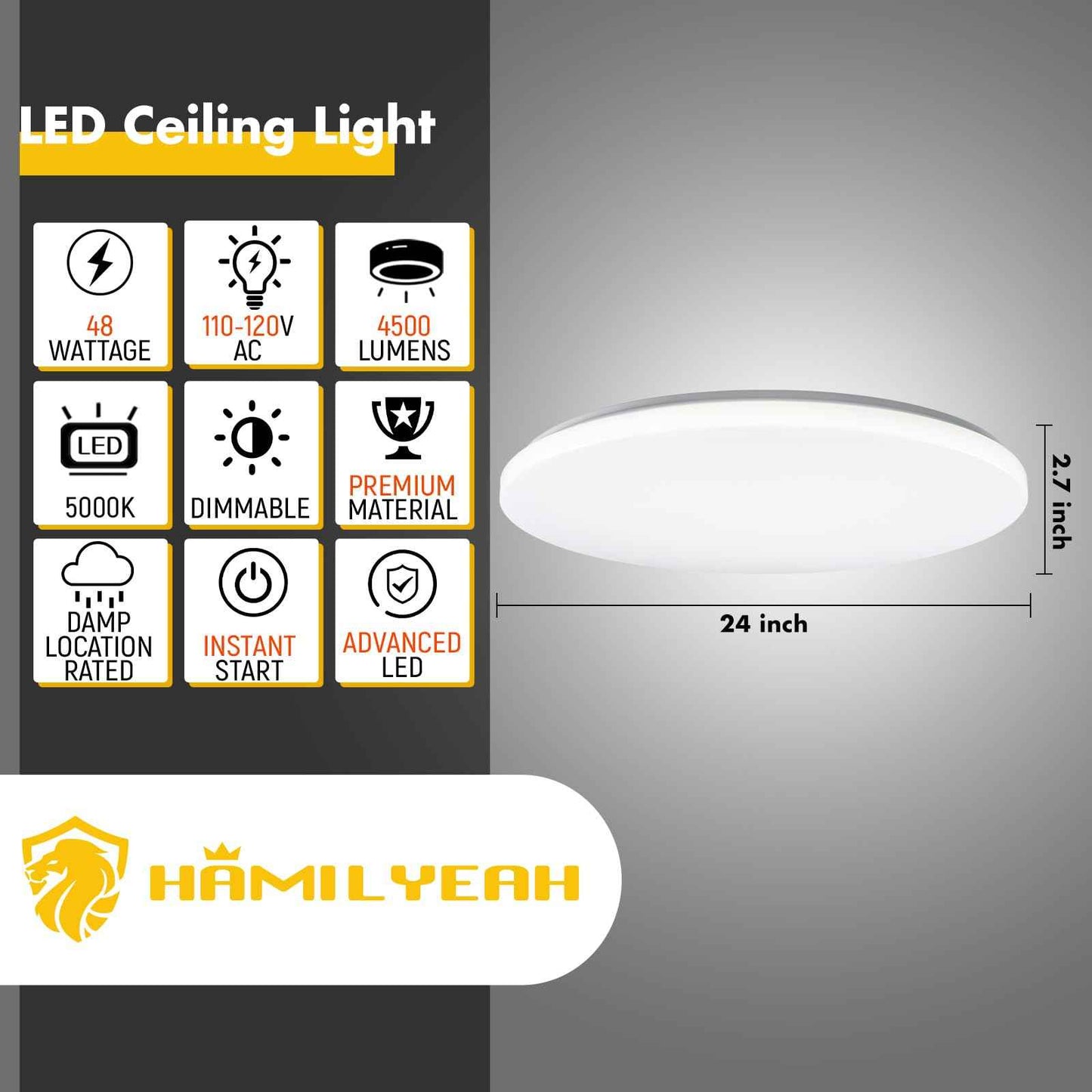 Hamilyeah 24 inch Flush Mount Ceiling Light Fixture, Drum Light Fixture Ceiling Mount 48W 5000K, Simple LED Close to Ceiling Lighting Fixture Round for Living Room, Bedroom, Kitchen