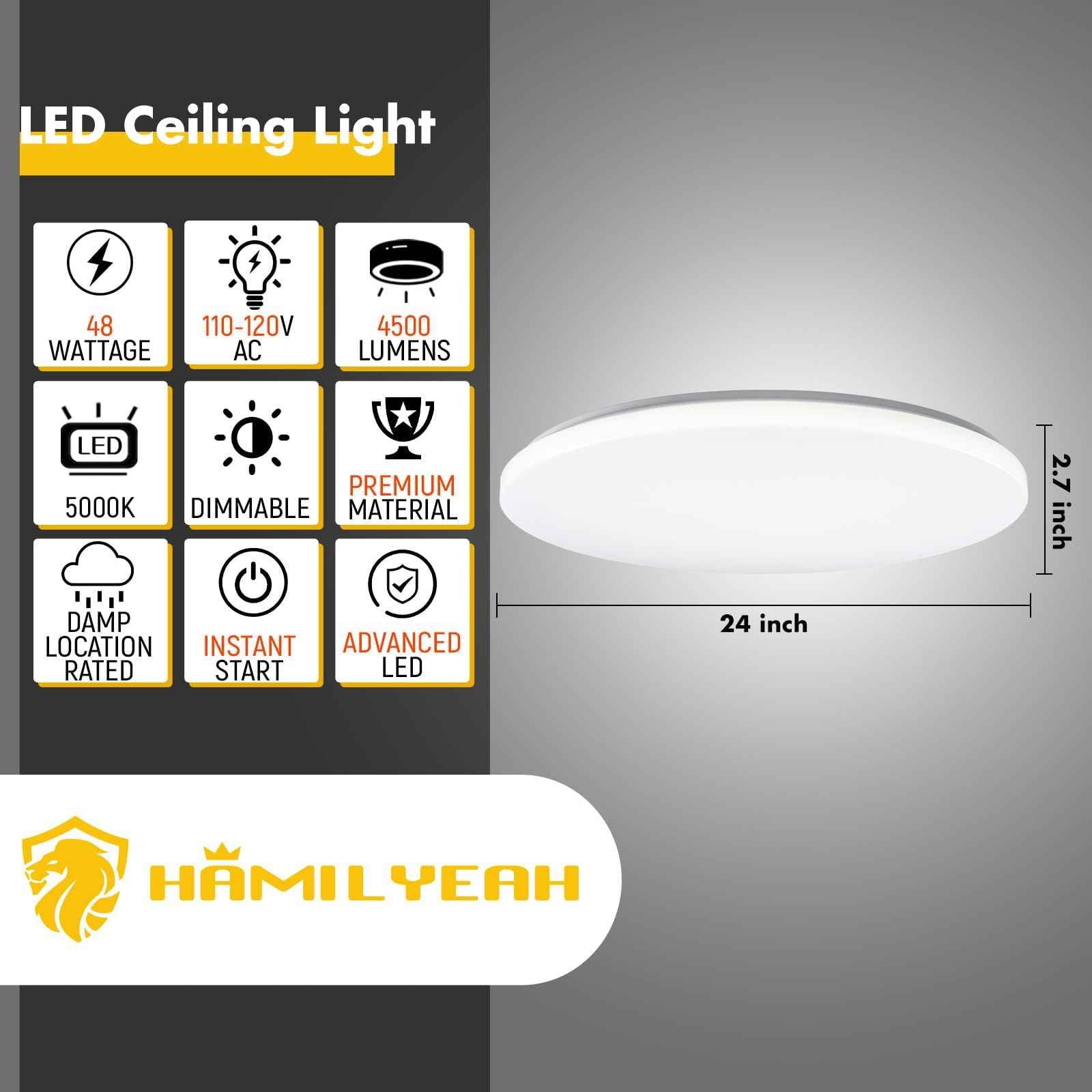 Hamilyeah 24 inch Flush Mount Ceiling Light Fixture, Drum Light Fixture Ceiling Mount 48W 5000K, Simple LED Close to Ceiling Lighting Fixture Round for Living Room, Bedroom, Kitchen