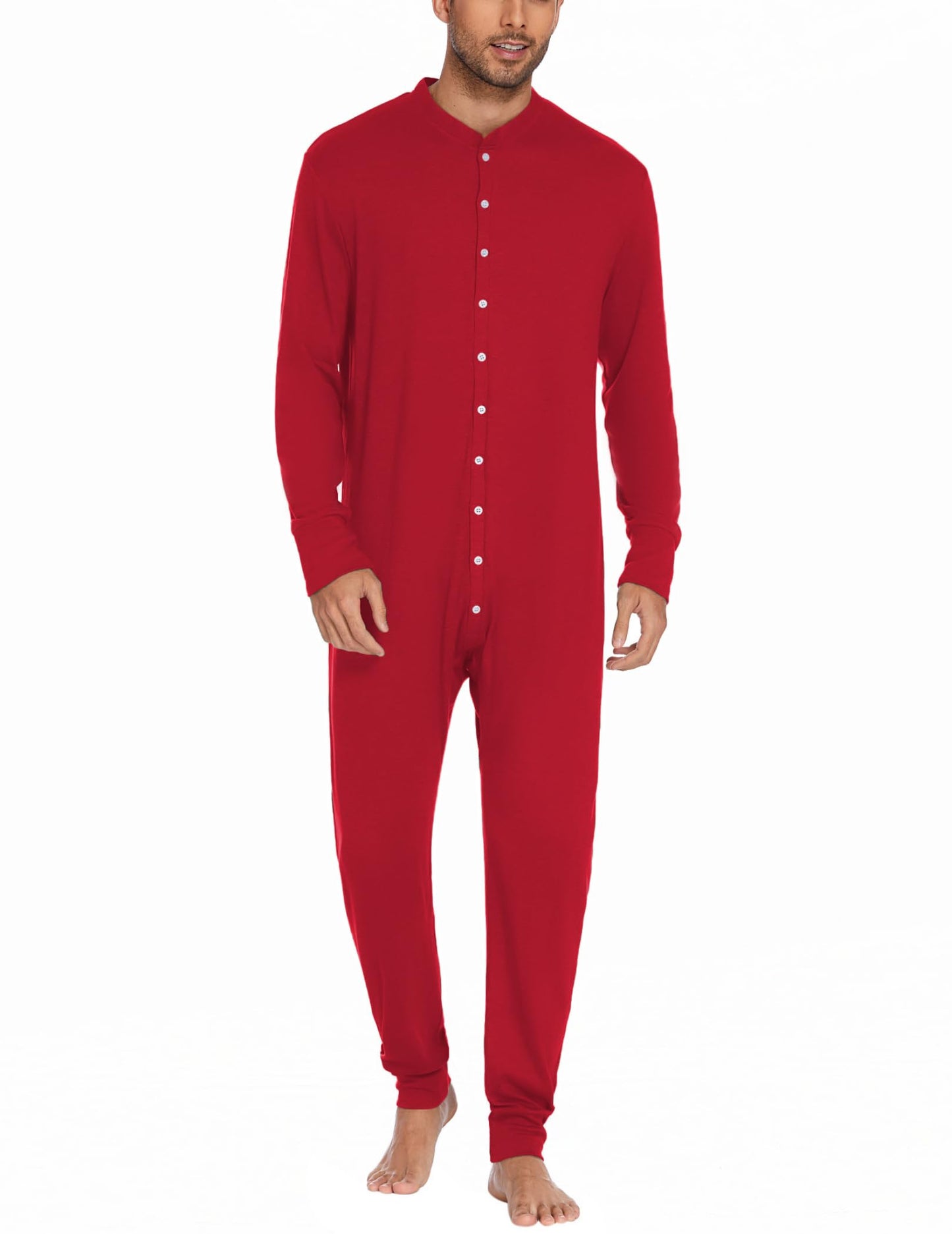 Ekouaer Men's One Piece Pajama Thermal Full Button Union Suit Long Sleeve Onesie with Button Flap Red XL
