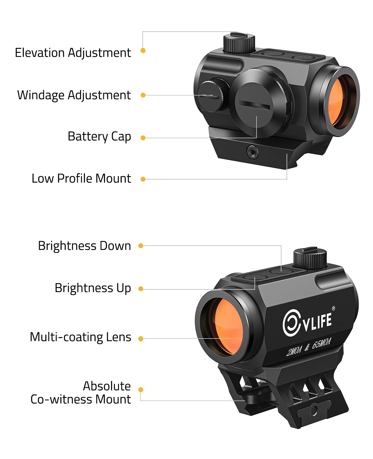 CVLIFE Multi-Reticle 2 MOA Dot & 65 MOA Circle Red Dot, Motion Awake Red Dot Scope, 50K Hours Battery Life IPX7 Waterproof, Red Dot Optics with Absolute Co-Witness Riser & Low Mount for 21mm Picatinny