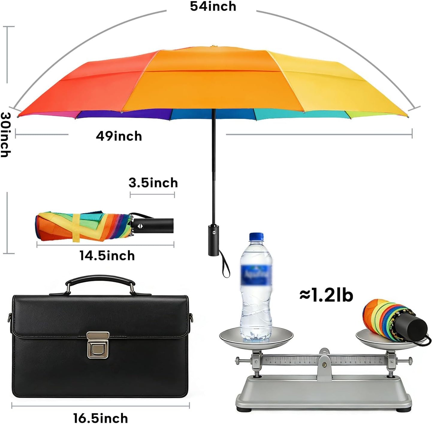 Rainbow Umbrella - Oversized 54-Inch Double Layer Windproof Golf Umbrella | Compact Automatic Open & Close