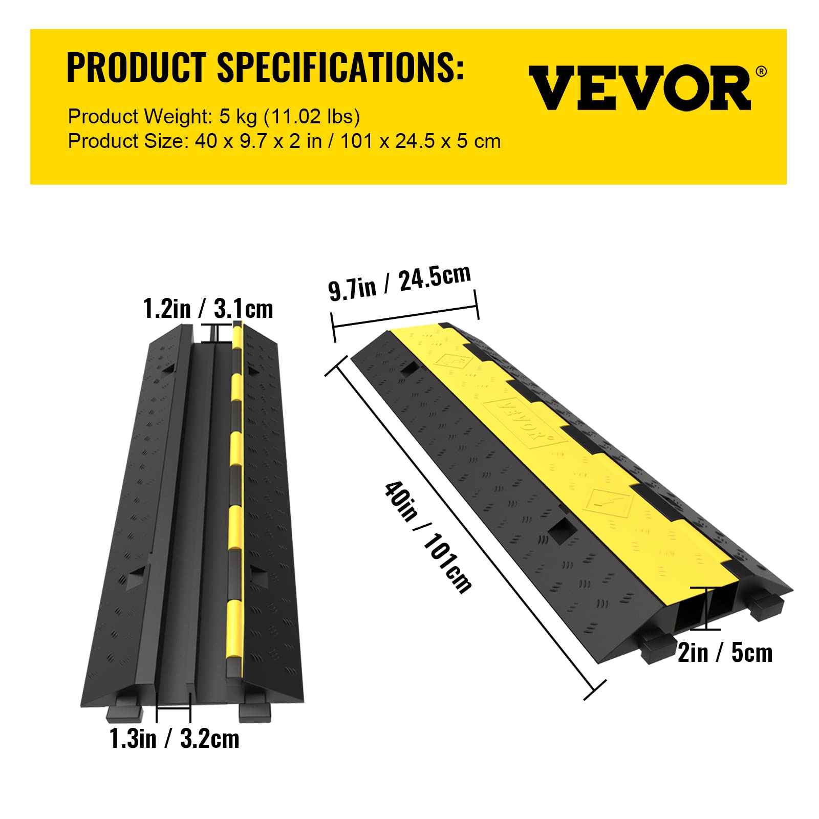 VEVOR Cable Protector Ramp, 4 Packs 2 Channels Rubber Modular Speed Bumps Rated 11000 LBS Load Capacity, Protective Wire Cord Ramp Driveway Rubber Traffic Speed Bumps Hump Cable Protector