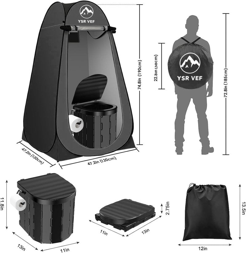 YSRVEF Portable Camping Toilet Kit with Pop-Up Privacy Tent, Washable Outdoor Shower and Changing Room, Includes Toilet Bags, Poo Gel, and Camping Lantern