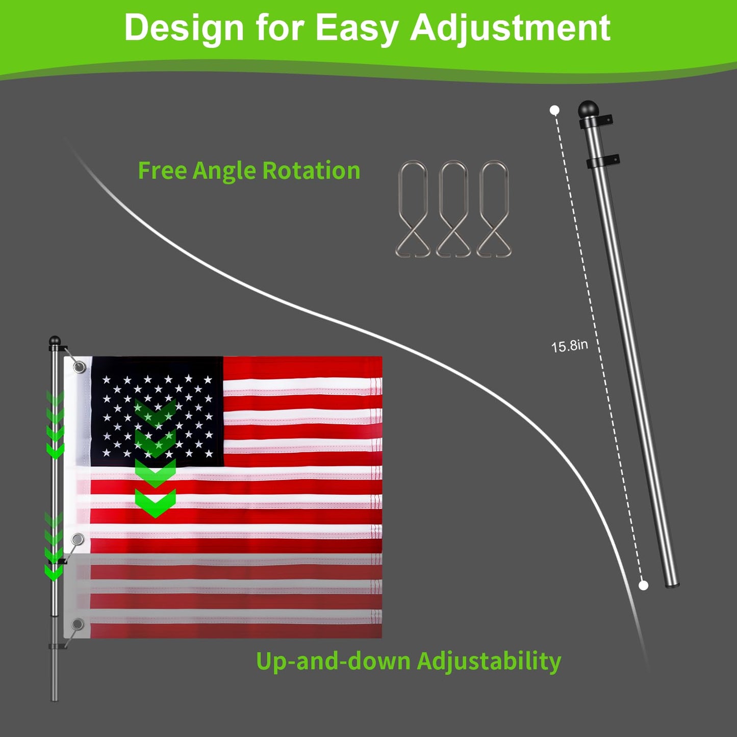 Cartalia Golf Cart Adjustable Flag Holder 2Pcs, Universal Flagpole for EZGO Club Car Yamaha, Flag Bracket for 0.59-1.18" Round/Oval Square Rails Push Cart, UTV, ATV, Included USA Flags (12"×18")