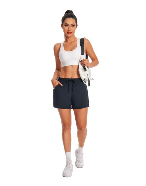 Hooxum Womens Running Athletic Shorts - Workout Gym High Waisted 2 in 1 Quick Dry Shorts with Mesh Liner Zipper Pockets,Black-L