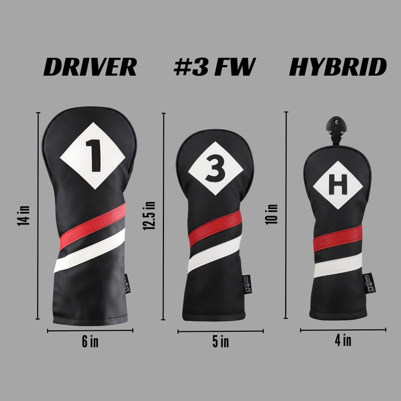 Majek Retro Golf Headcovers Black Red and White Vintage Leather Style 1 3 H Driver Fairway Wood and Hybrid Head Cover Classic Look