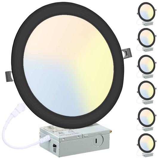 LZHOME 6 Pack 8 Inch LED Recessed Lighting with Junction Box Ultra-Thin, 3000K/4500K/6000K Selectable, 8" Dimmable Canless LED Downlight, 1800LM CRI80 High Brightness 5%-100% Recessed Light (Black)