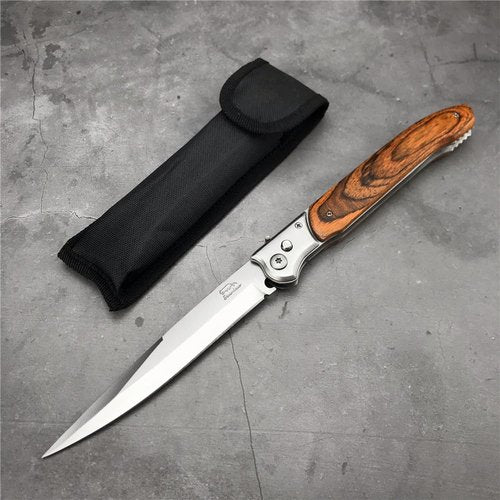 XBOSAI 12'' Tactical Folding Knife 420 Stainless Steel Blade Red-colored Wood Handles with Slide Safety Lock, Outdoor Camping EDC Tools