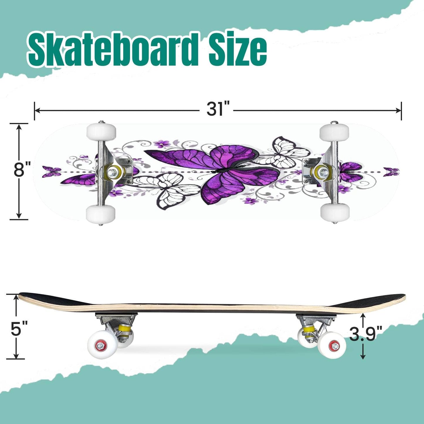 Skateboards Composition of Purple Pink Butterflies Morpho and White Butterflies Classic Concave Skateboard Cool Stuff Teen Gifts Longboard Extreme Sports for Beginners and Professionals