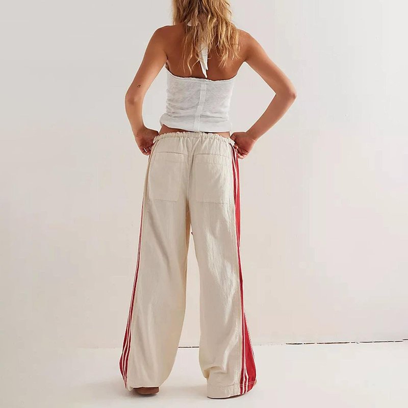Yeenily Wide Leg Sweatpants Women Striped Drawstring Fall Pants Baggy Low Rise Drawstring Sport Sweatpants with Pocket (Apricot, M)