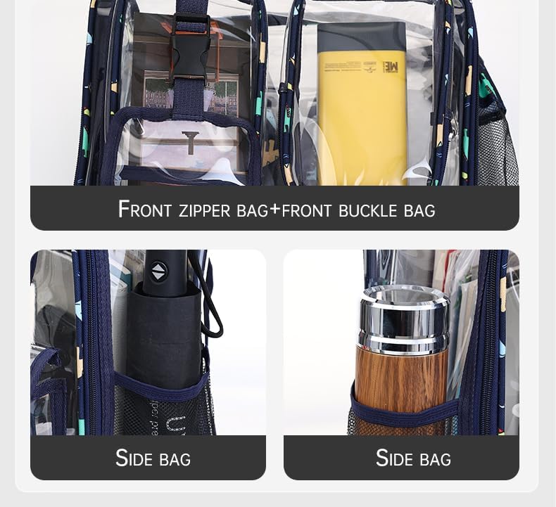 Skiennix Clear Backpack - Heavy Duty PVC for Stadium, Travel & Work | Dual Zippered Compartments & Mesh Side Pockets (White)