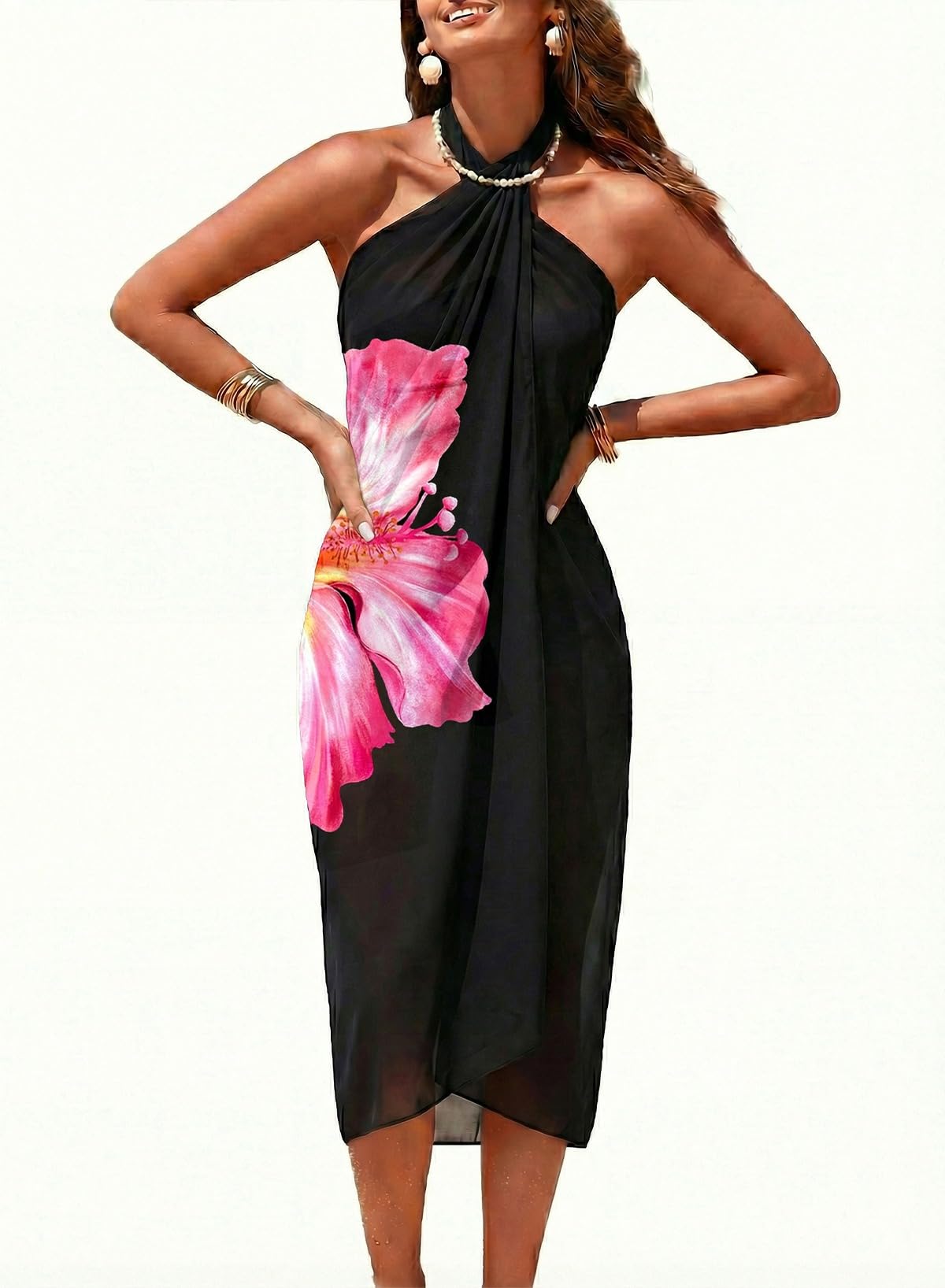 Herseas Women Lightweight Swimsuits Coverups Black Hibiscus Print One Size