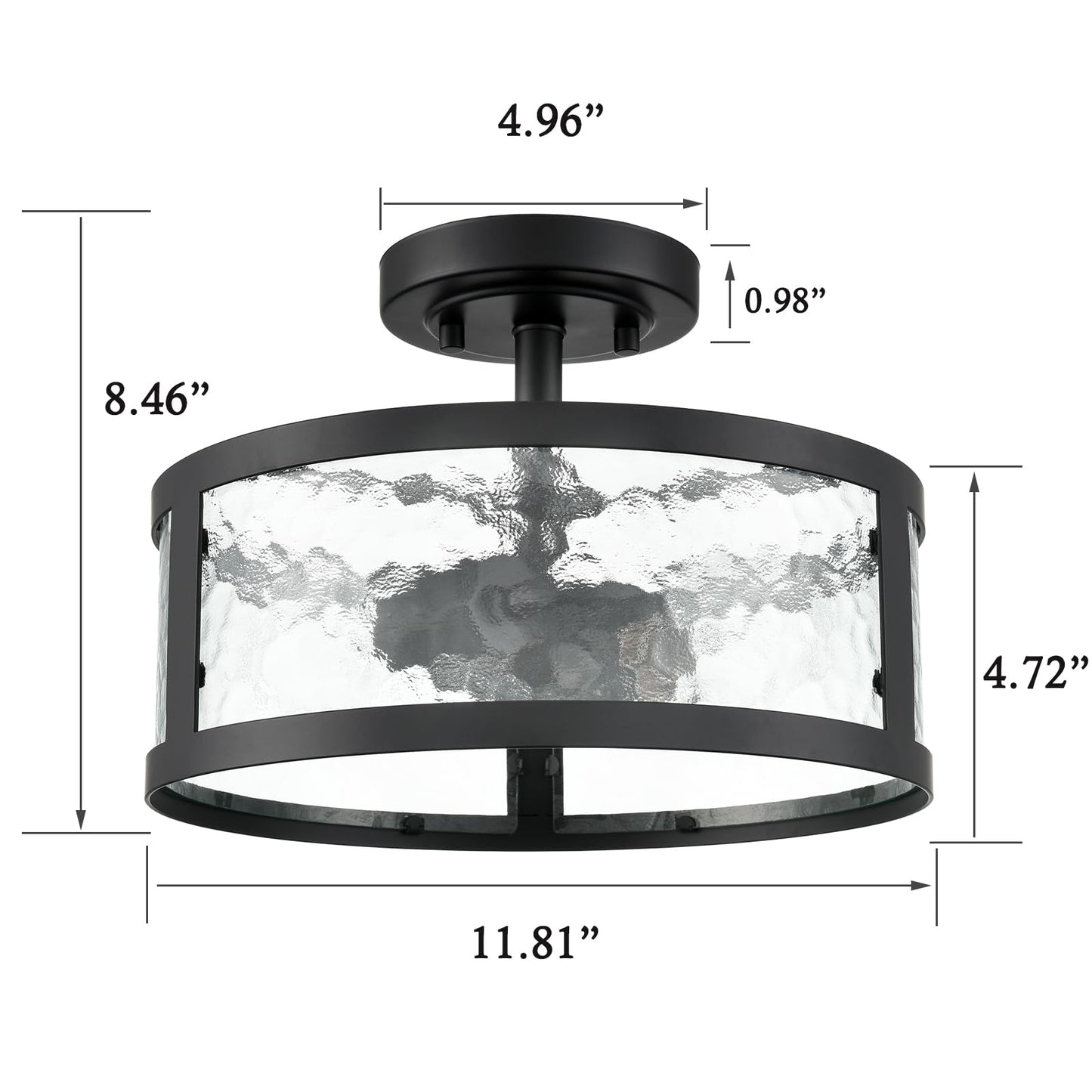 Farmhouse Semi Flush Mount Ceiling Light Black Light Fixtures Ceiling Mount 2-Light with Hammered Glass for Bedroom Kitchen Bathroom Entryway Proch