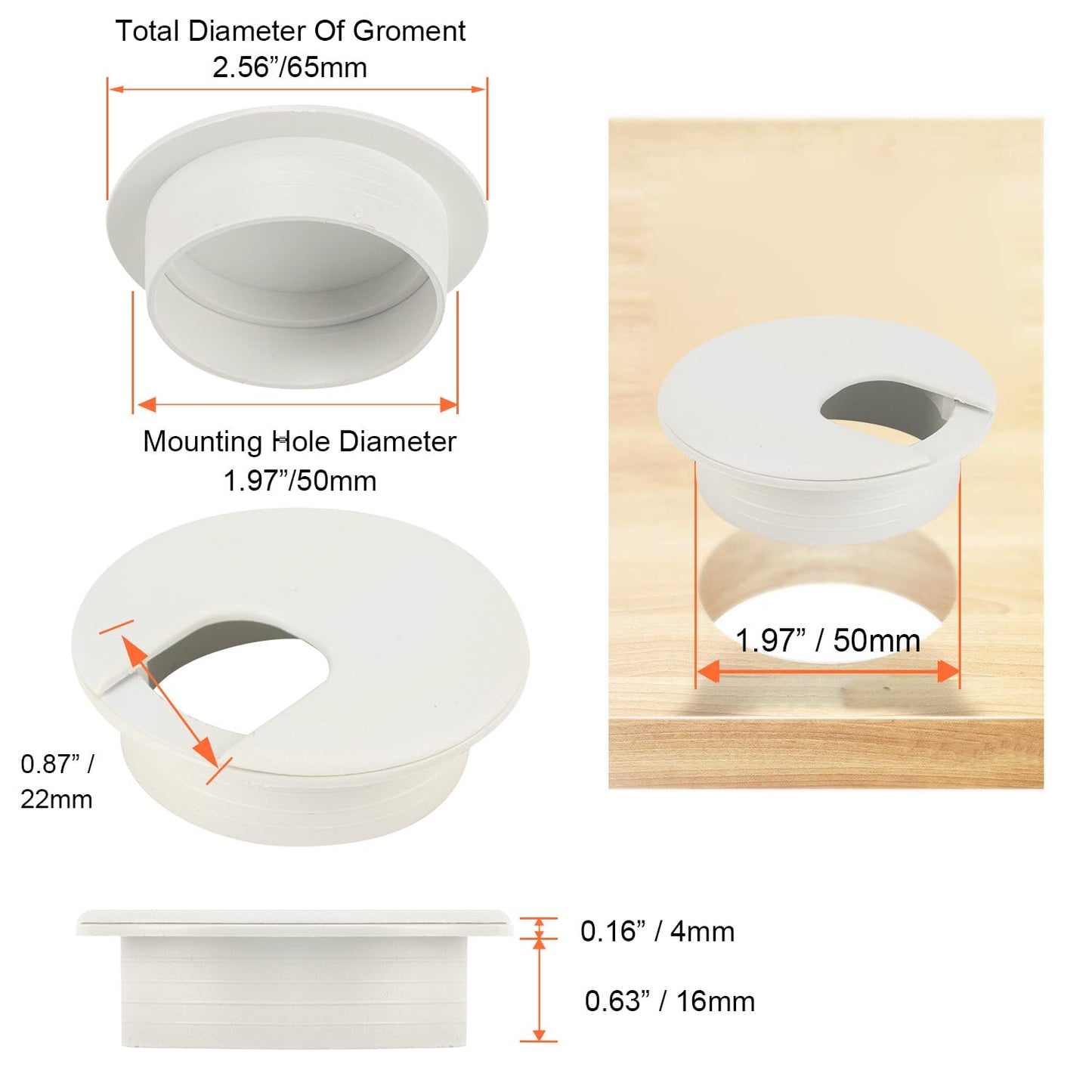 LepoHome 2 Inch White Desk Grommet - 20Pcs Plastic Desk Cord Hole Cover, 50mm Diameter Black Cable Grommets Hole Cover for Organized Wires & Cords Through Computer Table/Countertops