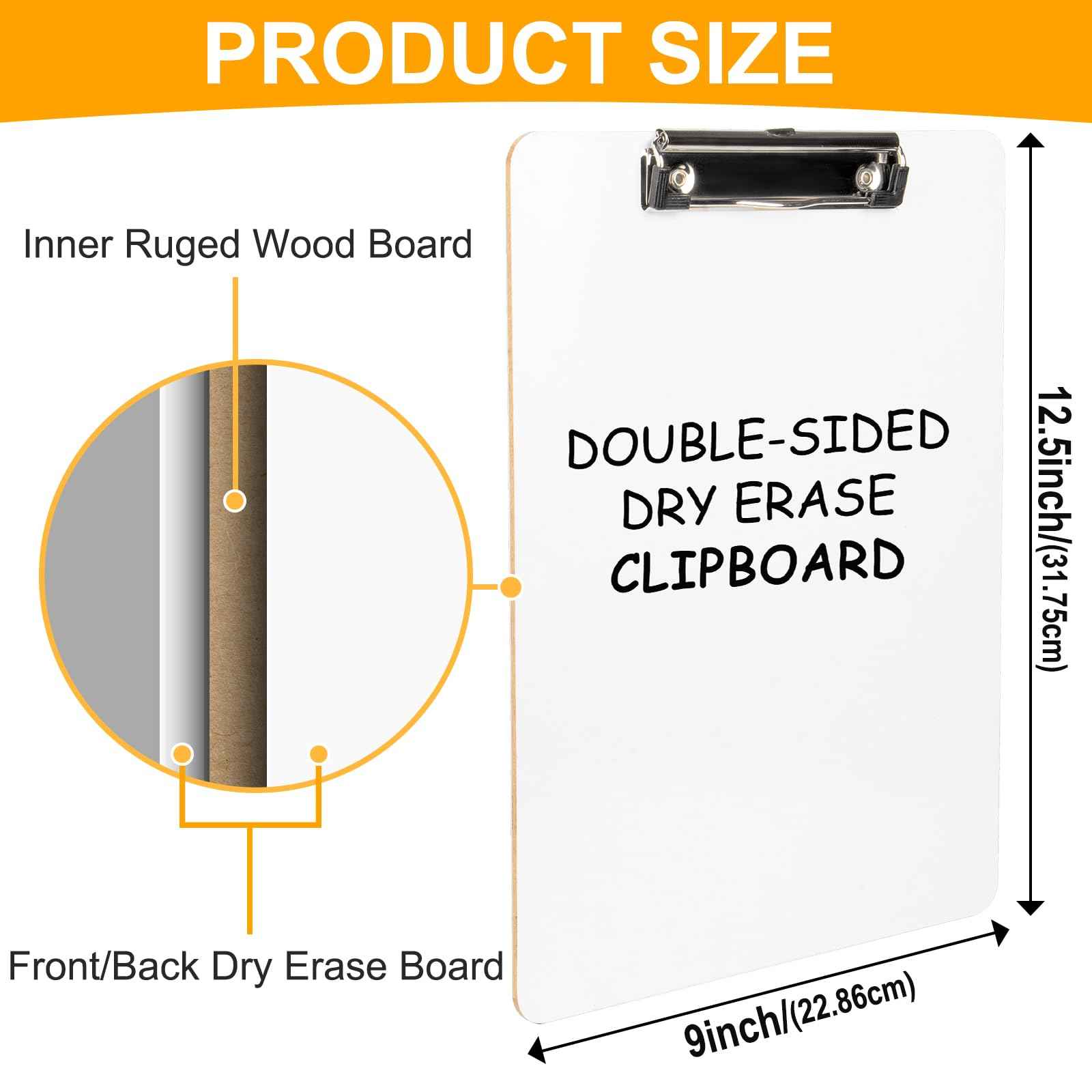 Macroclo Dry Erase Wood Clipboard 20 Pack, Hardboard Clip Board 8.5x11 for Classroom, Students, Kid, Size 9" x 12.5", Double-Sided White Board, with Low Profile Clip, Office & School Supply