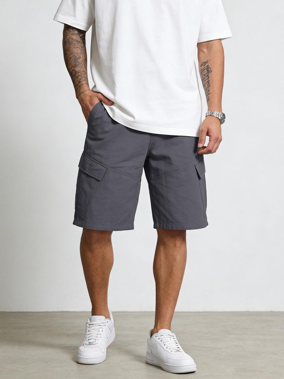 TRFIC Mens Cargo Shorts 10" Inseam Casual Stretch Shorts with 6 Pockets Button Closure for Summer Work Outdoor Dark Gray