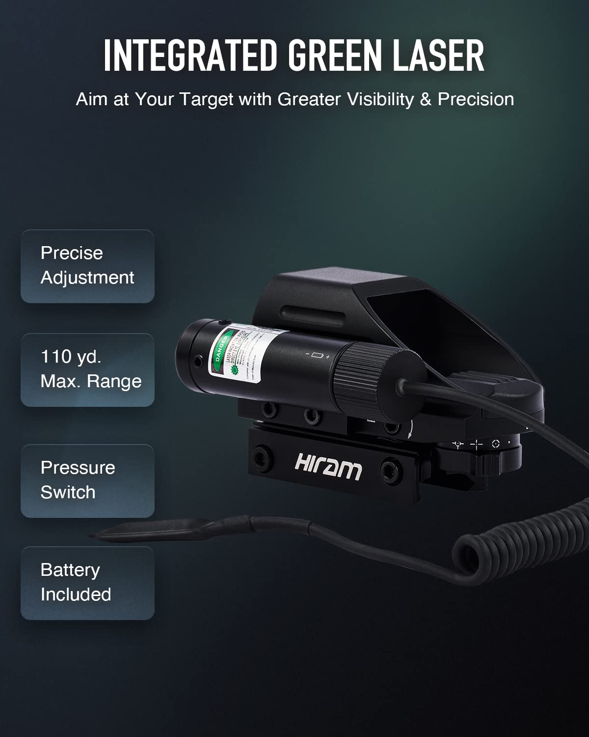 Hiram Red Dot Sight with Green Laser, 1x33 Reflex Sight with 2MOA Red & Green Dot Stepless Brightness Levels Pressure Switch for Picatinny Weaver Rails, Tactical Hunting Gear for Rifles Airsoft Guns