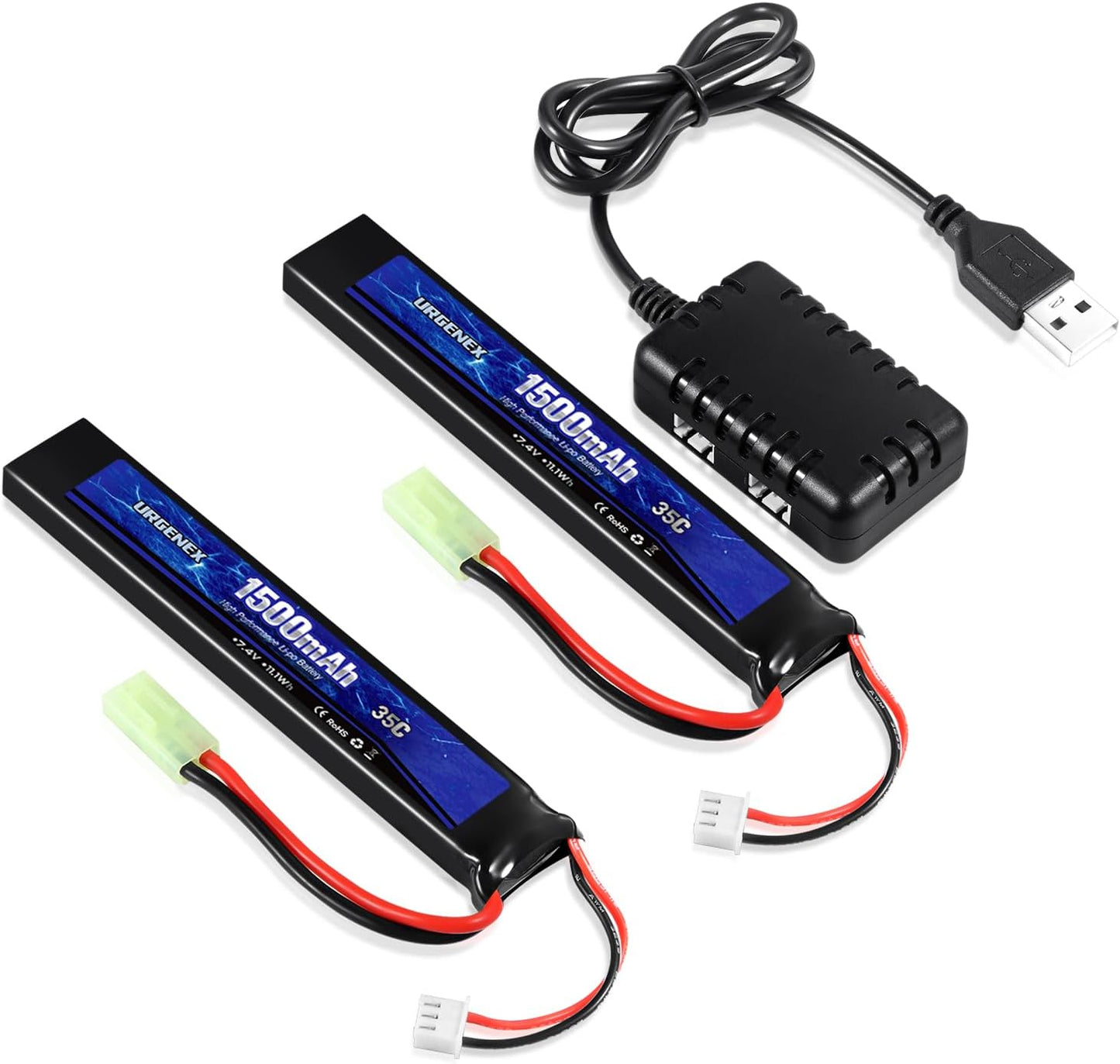 URGENEX 7.4V 1500mAh Airsoft Lipo Battery Pack - High Discharge Rate with Mini Tamiya Plug & USB Charger