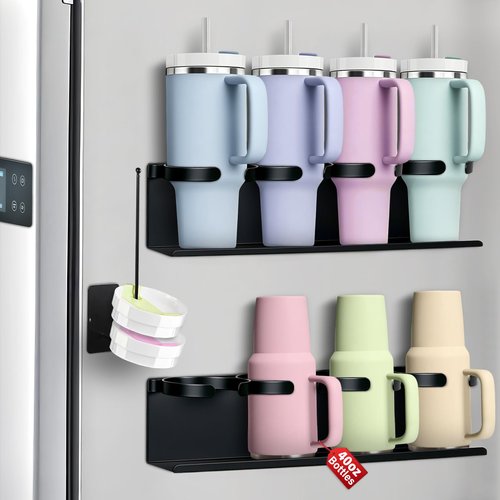 Magnetic Cup Holder for Fridge,8 Cups Water Bottle Organizer for Stanley 30 40 oz with Tumbler Lid Organizer,High Capacity Heavy Duty Kitchen Storage Rack Accessories