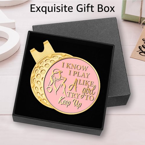Hafhue I Know I Play Like A Girl Try to Keep Up Pink Gold Golf Ball Marker with Magnetic Hat Clip Stainless Steel-Great Gift for The Golfer with a Sense of Humor and Perfect for The Golf Course
