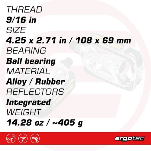 Ergotec Bicycle Pedal 628 - Ergonomic Design, Large Contact Zone, Non-Slip Grip, 108 x 69, Ball Bearing, Alloy/Plastic/Rubber, 9/16" Thread, Silver/Black, Comfortable & Durable Cycling Pedals