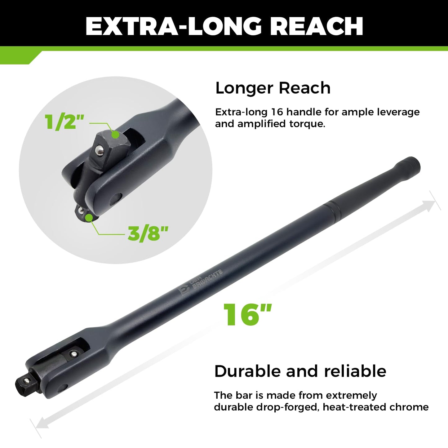 16-inch Dual Drive Breaker Bar, 3/8" & 1/2" Drive, Heavy Duty Breaker Bars with 360° Rotatable Head, Spring-loaded Detent Ball, Premium Chrome Vanadium Steel with Black Powder Coating