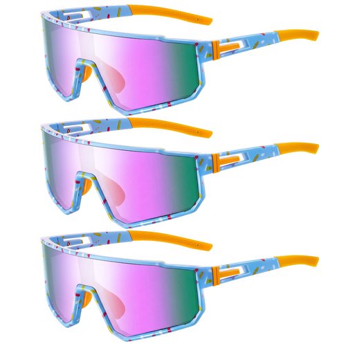 Kingdder 3 Pcs Baseball Ice Cream Drip Sunglasses for Youth Sunglasses for Sport Softball Cycling Baseball Golf(Blue,Ice Cream Pattern)