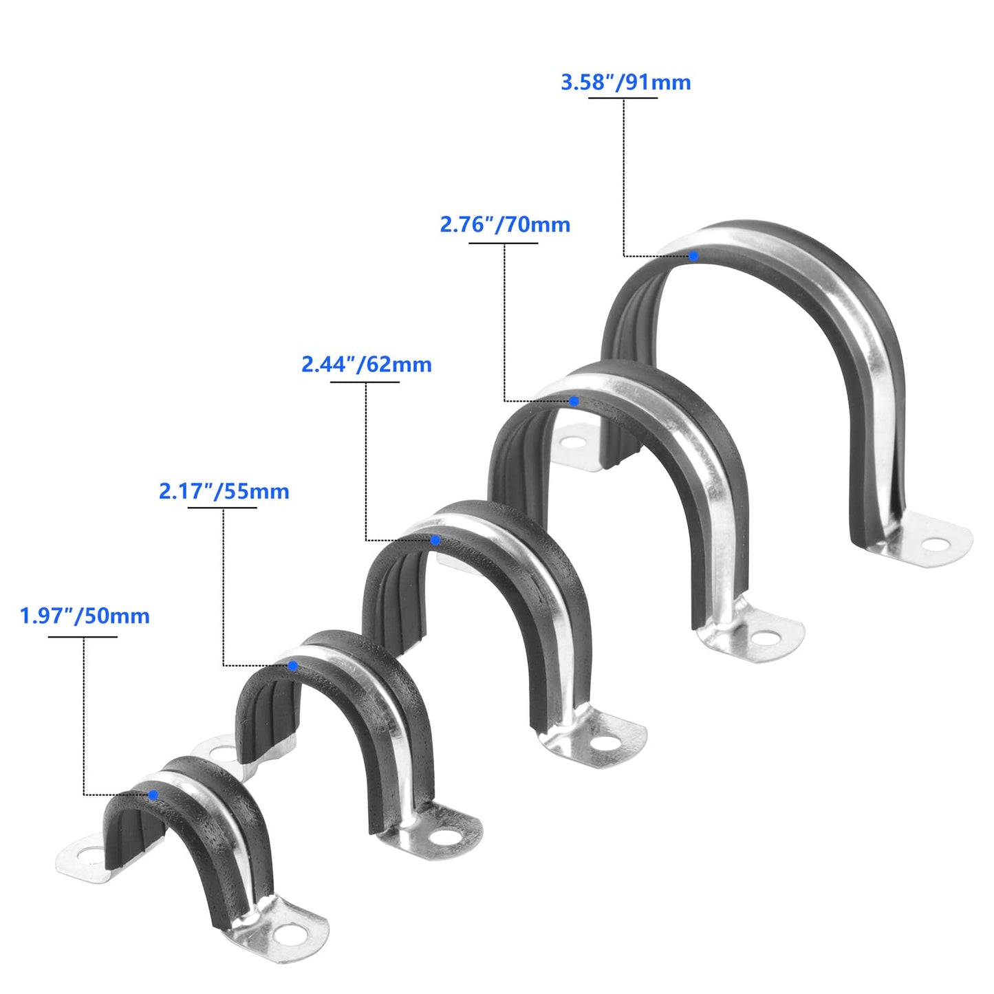 JDHGSHL 2 Inch Reinforced Rigid Pipe Strap, 2 Holes U Bracket Cable Clamp Hanger, Rubber Cushioned Insulated Clamp, Conduits Strap Clamps for Pipe Fixing on Various Surfaces, 10 PCS(50 mm)