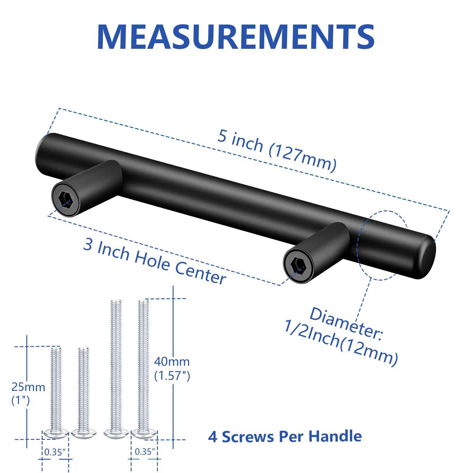 Plustool 50Pack Matte Black Cabinet Handles, 3''Hole Centers Kitchen Drawer Pulls, Stainless Steel Dresser Hardware for Kitchen Bathroom Bedroom - 5''Overall Length