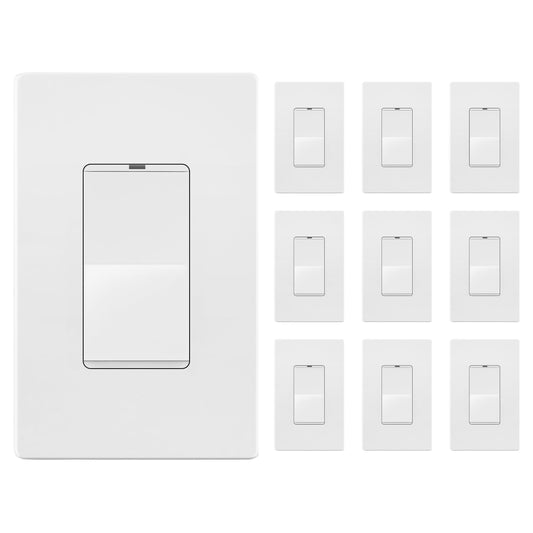 LIDER Minimalist Design Matte Finish Lighted Decorator Switch with Wall Plate, Frameless Paddle Light Switch with Locator Light, Single Pole, Grounding Screw, 15A 125V, UL Listed, White, 10 Pack
