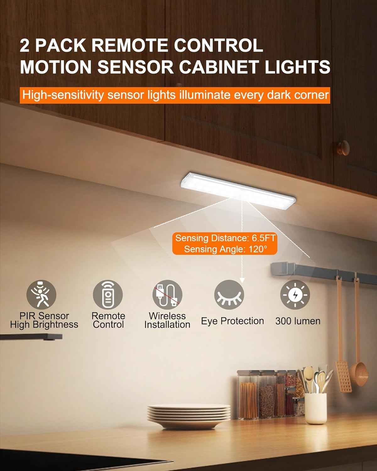 Haigvel Under Cabinet Lights Wireless, 58-LED Rechargeable Motion Sensor Closet Lights with Remote Control, RGB Color Changing Under Counter Lights for Kitchen, Pantry, Bedroom, Stairs, 2 Pack