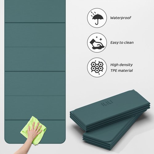 ILILI Foldable Yoga Mat 71 * 24 * 0.3'' - TPE Non-Slip Fitness Mat for Home，Waterproof & Lightweight (2lb) for Home Gym, Pilates & Stretching,Fitness Workouts (Dark Green)