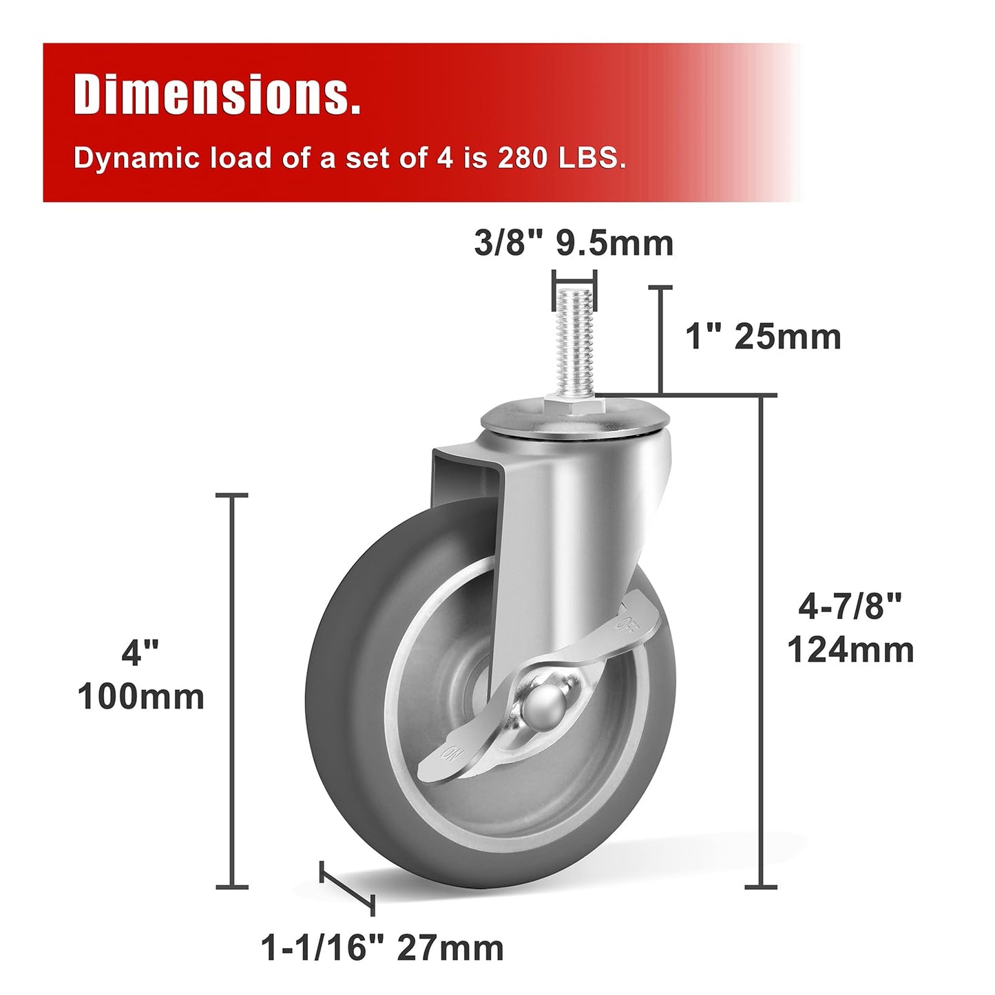 4 Inch 3/8-16x1 Threaded Stem Caster Wheels with Brake, Set of 4 Heavy Duty Locking Wheel, TPR Soft Quiet Swivel Casters for Cart, Furniture and Shelving
