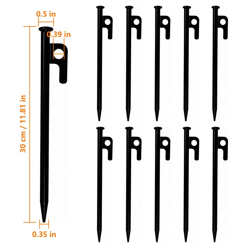 FANEAMADE 12 Inch Heavy Duty Tent Stakes 10 Pack, Steel Ground Stakes for Camping, Trampoline, Canopy, Tarp and Garden Anchoring, Rust Resistant Outdoor Pegs