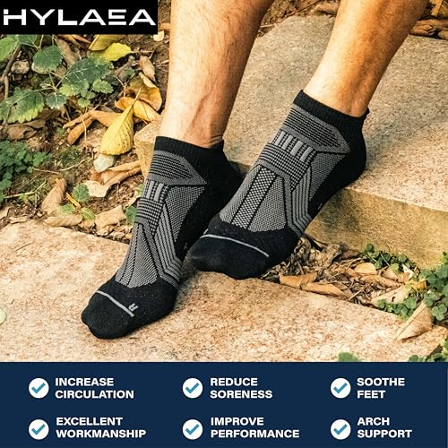 Hylaea Compression Ankle Socks for Running - Large Black 6 Pairs, Moisture Wicking Athletic Socks
