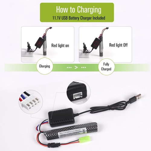 AUDEEKON Airsoft Lipo Battery 11.1V - 2000mAh Rechargeable Batteries USB Charger with Charging Cable, Replacement Battery for Airsoft Gel Ball Blaster