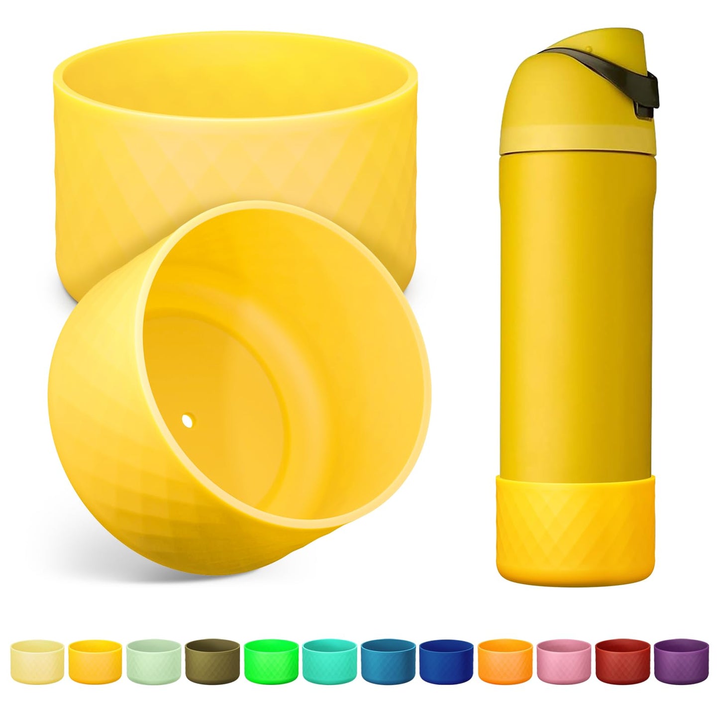 Alwenid 2PCS Silicone Water Bottle Boot for Owala 24 Oz, Anti-Slip Protective Sleeve Bottom Bumper Protector for FreeSip, Twist, and Flip Stainless Steel Water Bottles (Yellow)