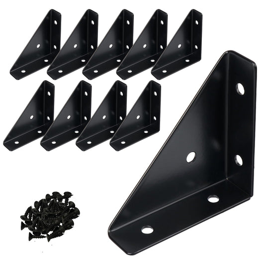 2.55'' Triangle Corner Braces Bracket (10 Pack) - Metal Angle Shelf Connector Brackets with Screws for Wood Shelves Furniture| Bookshelves/ Beds/ Tables/ Cabinets/ Desk (Black)