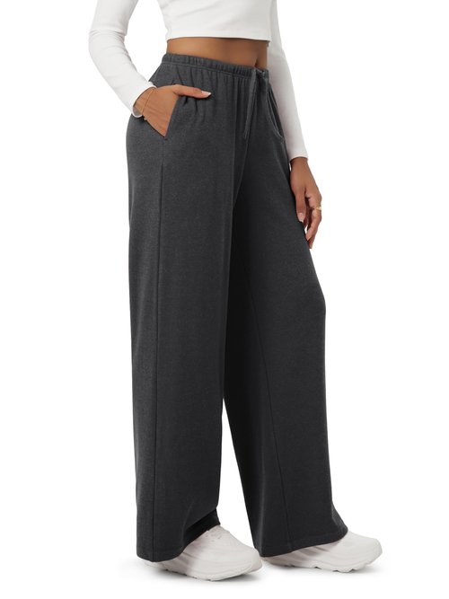 ODODOS Women's Stretch Fleece Wide Leg Sweatpants – Ultra-Soft Cozy Warm High-Rise Relaxed Lounge Pants with Pockets - 29" Inseam, Charcoal Heather, Small
