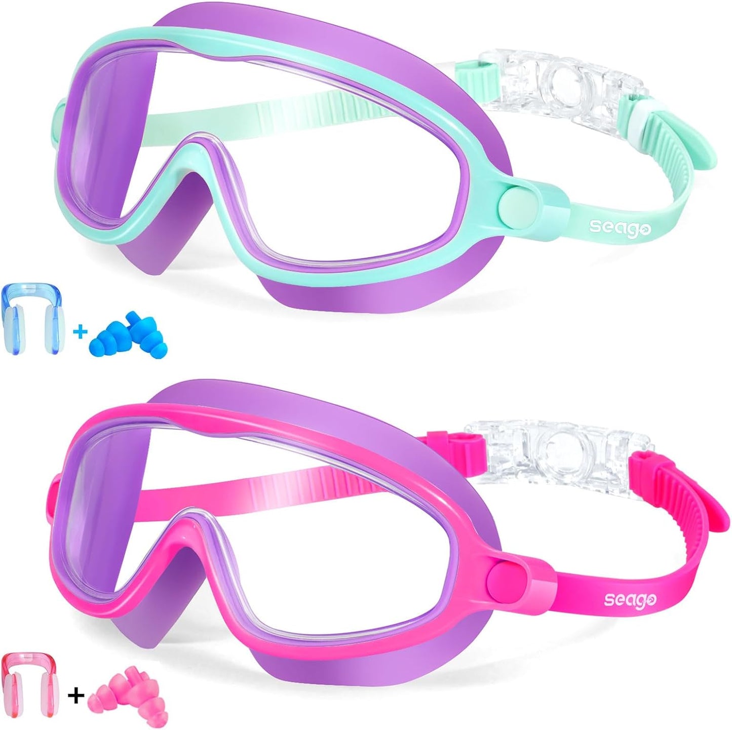 Seago Swim Goggles - Anti-Fog & Anti-UV Wide View Design for Kids Ages 3-14 | 2 Pack