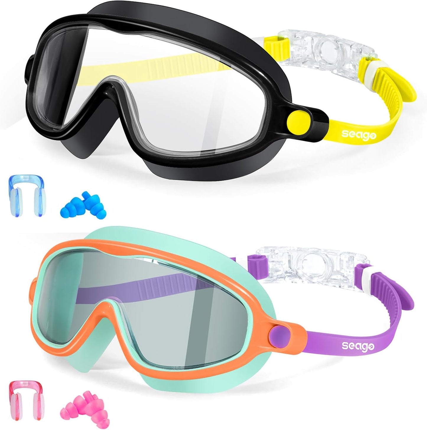 Seago Swim Goggles - Anti-Fog, Anti-UV, Wide View Design | 2 Pack for Kids Ages 3-14