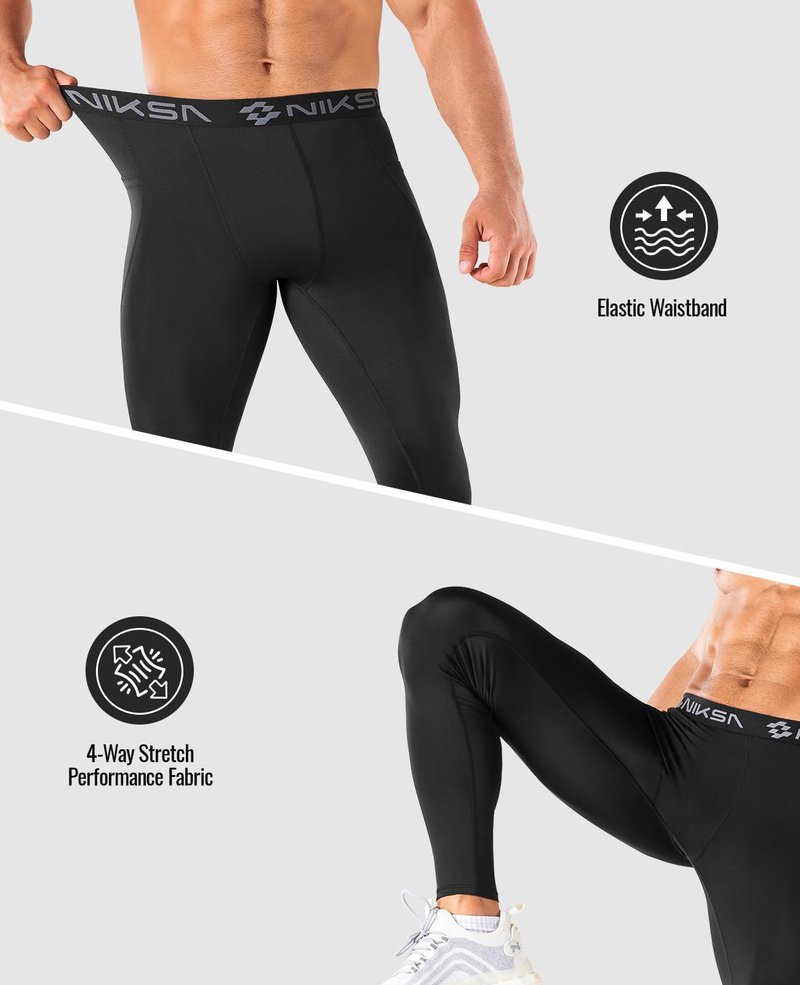 Niksa 1/3 Pack Men's Compression Pants with Pocket, Performance Athletic Sports Leggings & Gym Tights for for Running Yoga Basketball Workout Sports