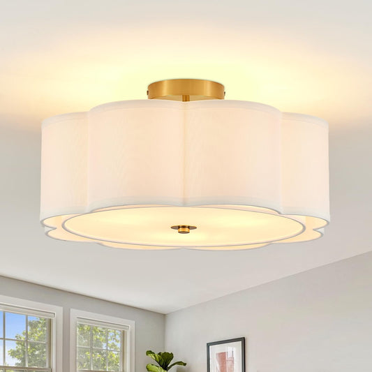 Widluth Modern Semi Flush Mount Ceiling Light 18" Modern Gold Drum Ceiling Lighting Fixture with Linen Shade Vintage Ceiling Lamp for Living Room, Bedroom, Kitchen, Dining Room, Hallway, and Entryway